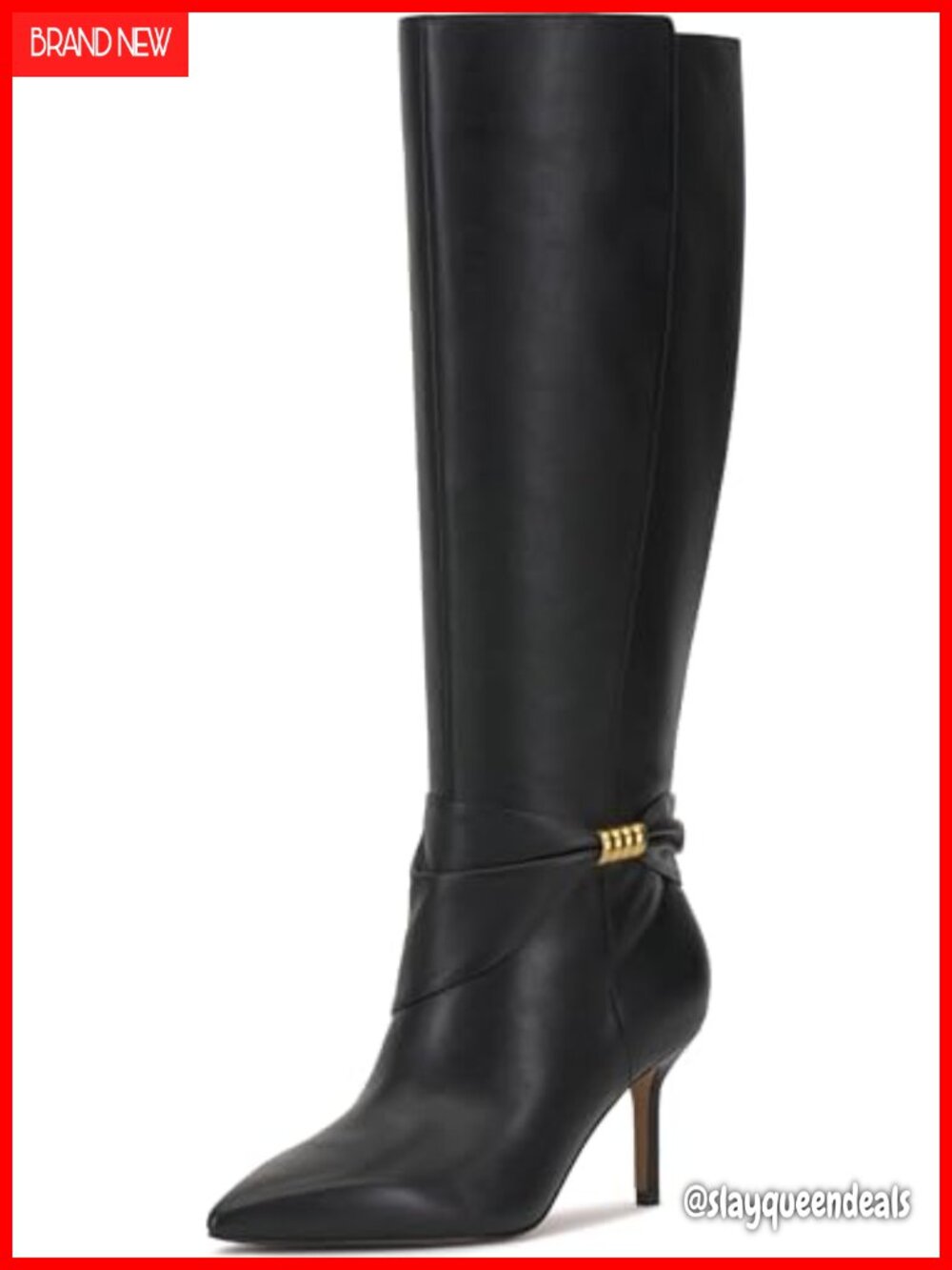 Wide Calf Knee High Stiletto Heel Boots Pointed Toe Leather Zip Up